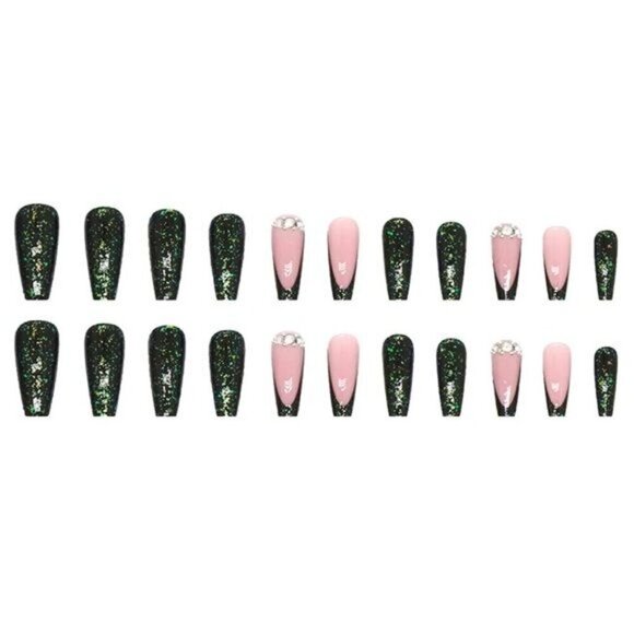 NWT 24Pcs Long Coffin Press-On Nails False Fake Rhinestone French Design Green - Picture 6 of 8